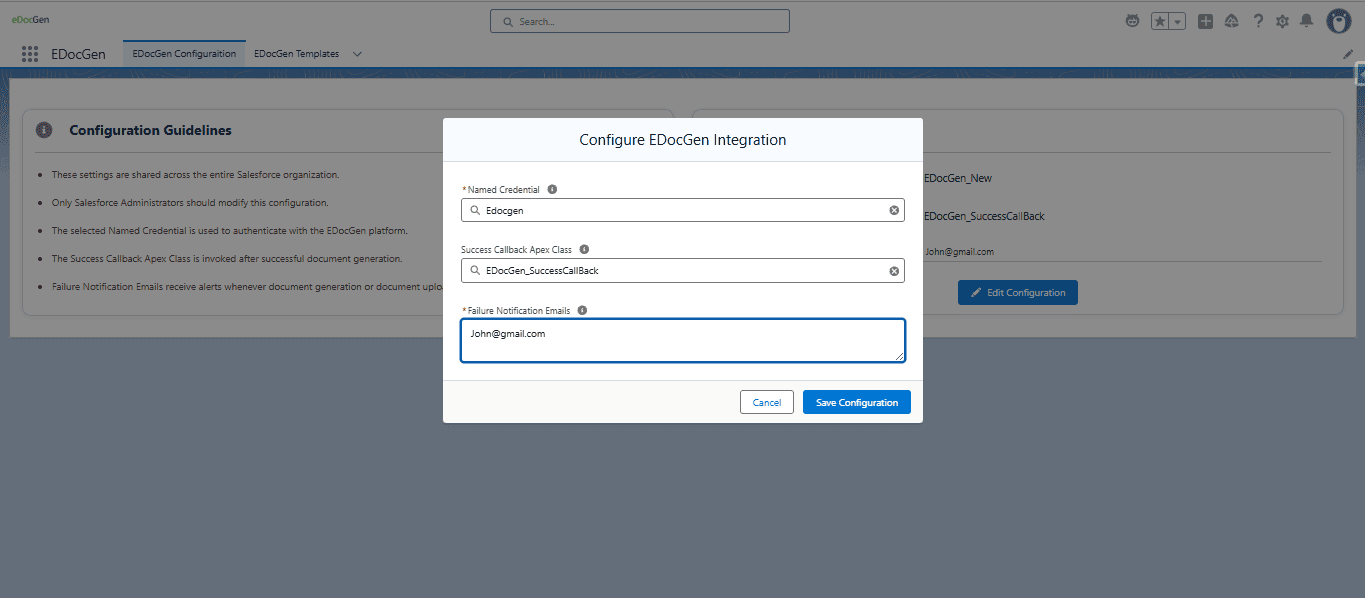 EDocGen Configuration Page
